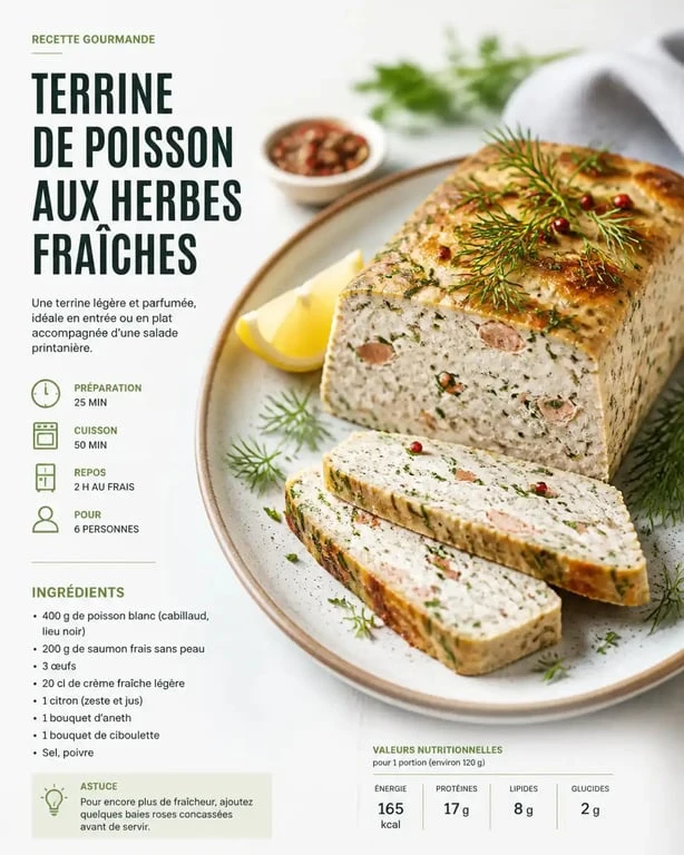 Terrine de poisson aux herbes fraîches, une idée d'entrée froide élégante et savoureuse.