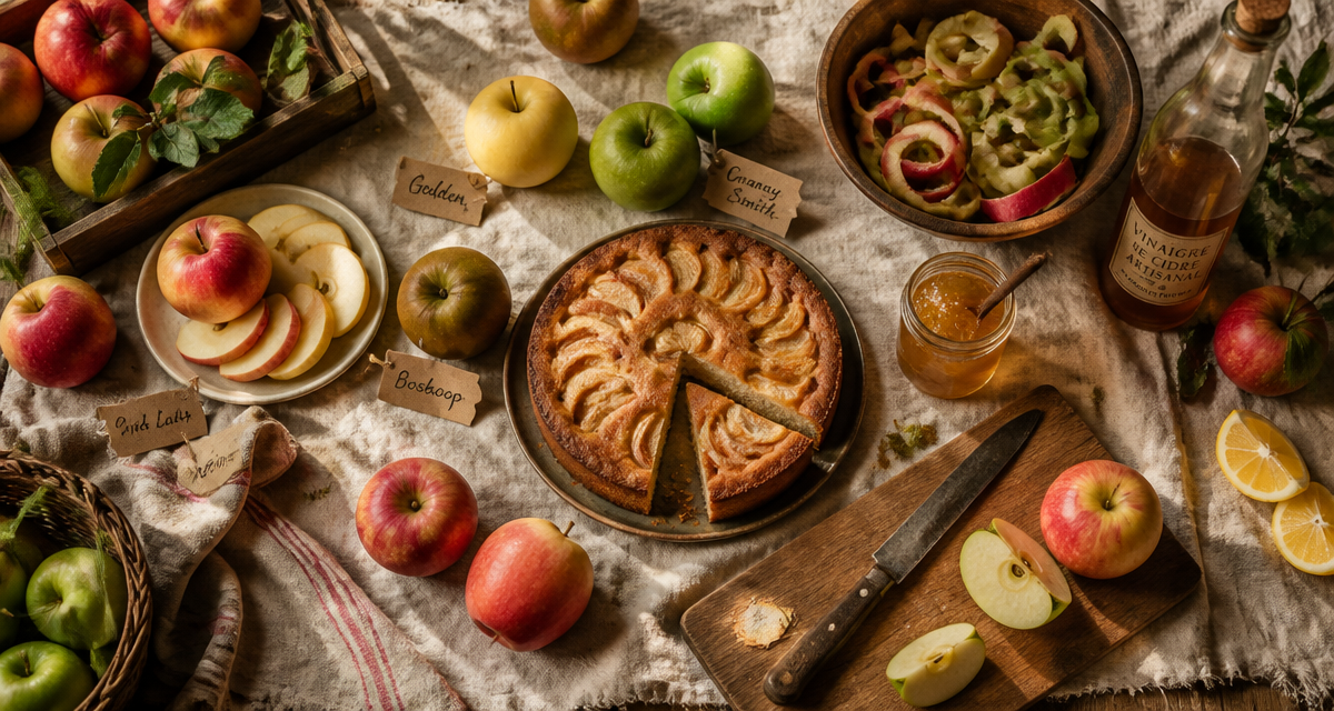 recette avec des pommes, variétés et gâteau sur table
