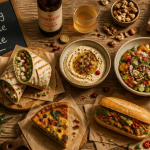 Table snacking moderne avec wrap, houmous, quiche, salade et banh mi