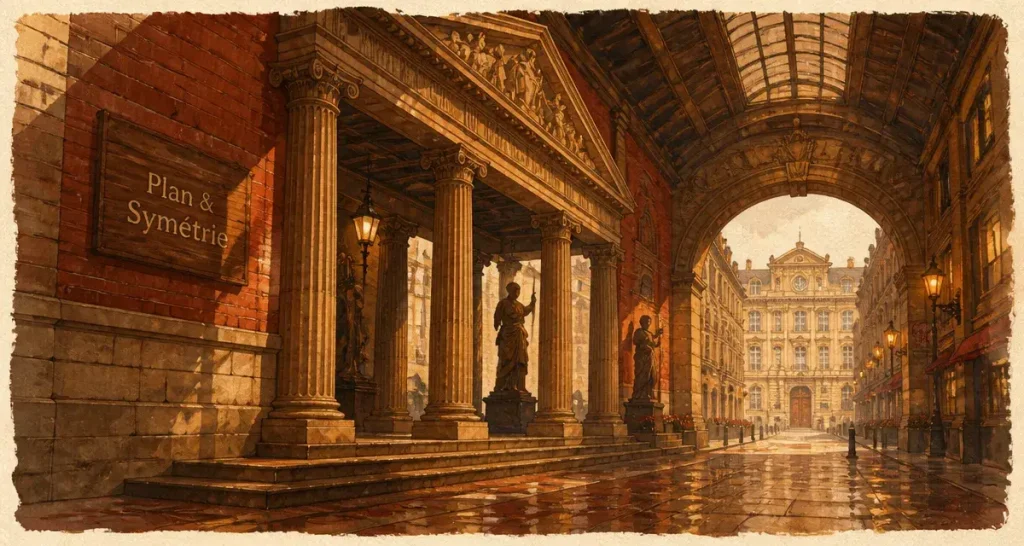 Style beaux arts : gare monumentale, perspective et colonnes