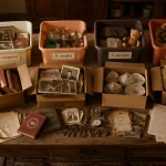 Vider maison, tri objets sur table ancienne