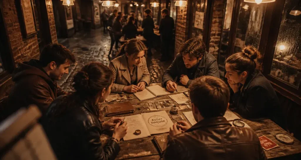 Activité de groupe originale : atelier enquête, participants autour d’une table d’indices