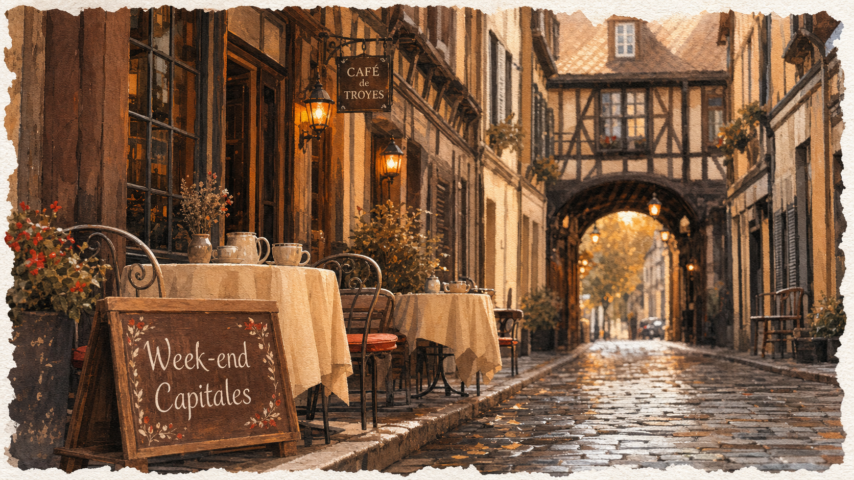 Ruelle pavée des plus belles capitales d europe, café et tasses