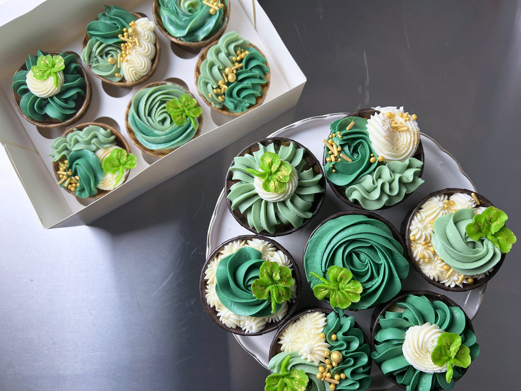 St. Patrick's Day Cupcakes with Green Buttercream and Gold Accents
