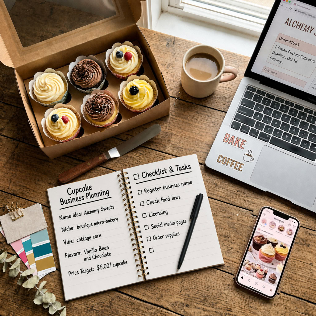 Laptop, box of 6 decorated cupcakes, notepad with business planning notes, cup of coffee on a table