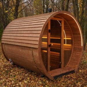 Sauna rotunda din lemn thermowood cu terasa