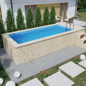 piscina gradina cu trepte lemn si scara inox