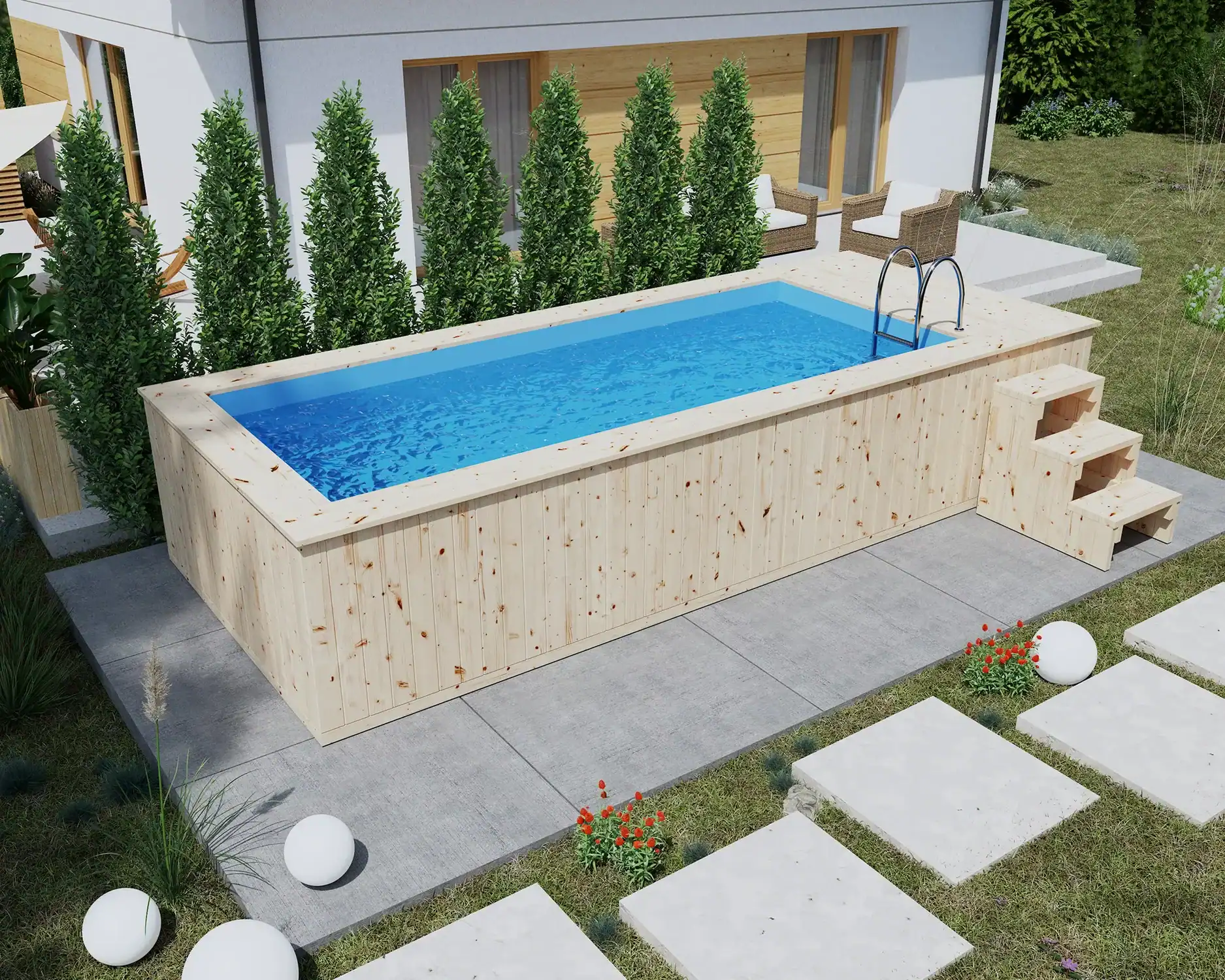 piscina gradina cu trepte lemn si scara inox