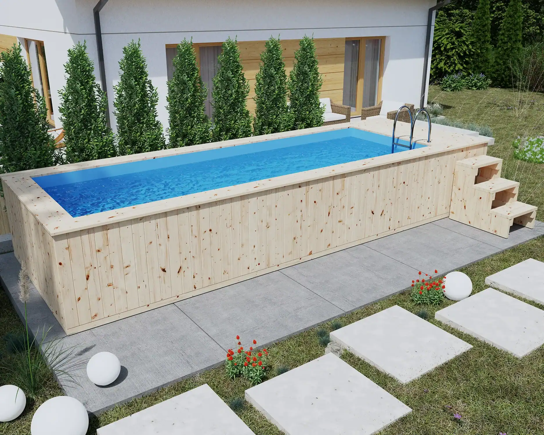 piscina lemn masiv cu scari si filtru nisip
