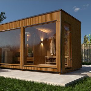 Sauna Moderna de Lux 2.3x4.4 m cu 2 usi din sticla fumurie securizata