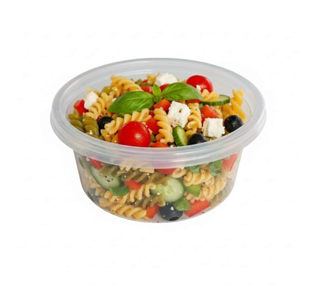 Reusable plastic food container for salads and snacks.