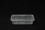 Rectangular plastic food container for storage and takeaway, 500ml capacity.