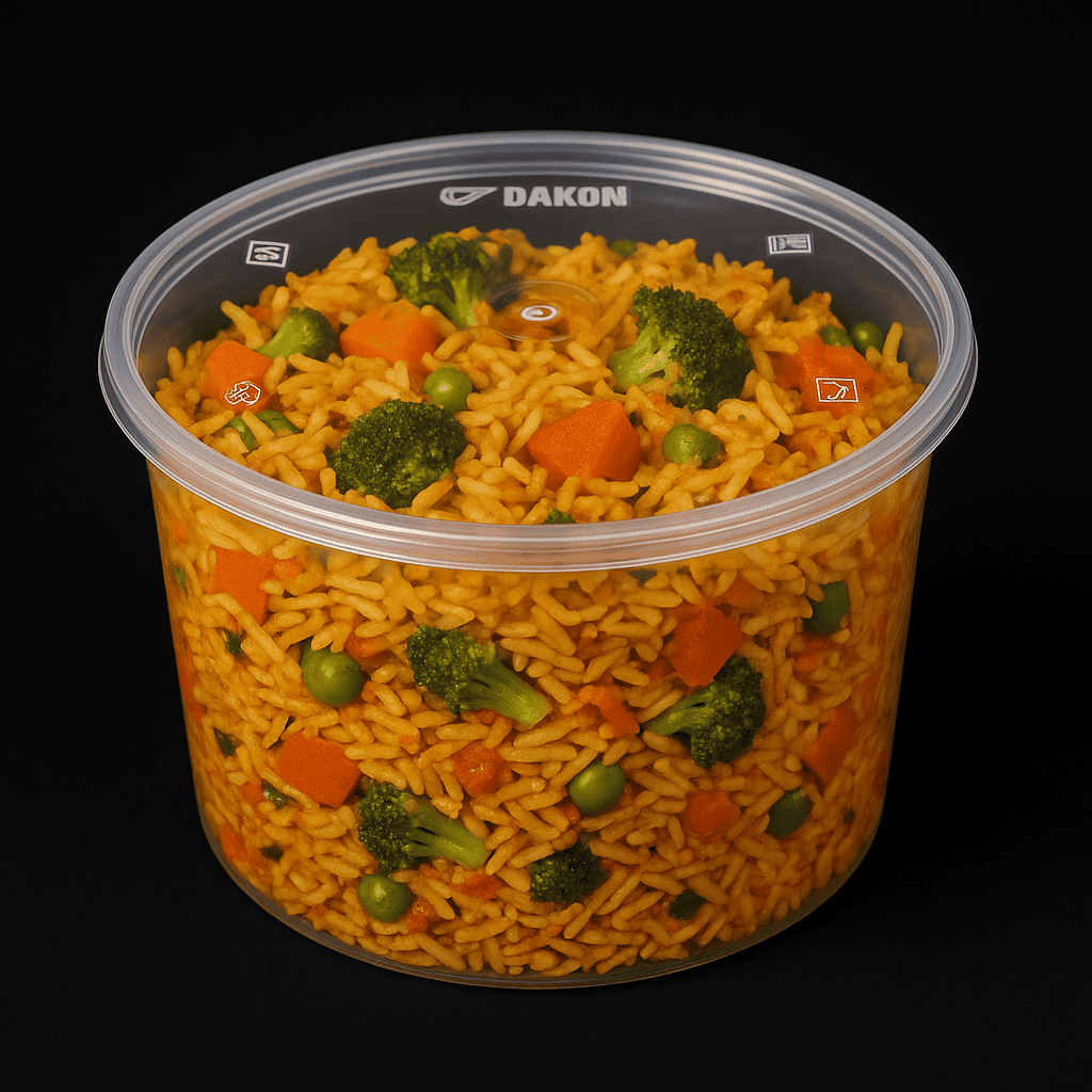 Clear image of vegetable rice in a 1200 ml round plastic food container for takeaway.