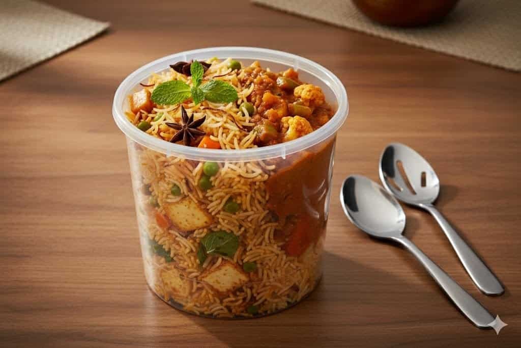 Disposable plastic food container, 1000 ml, ideal for takeout and food service.