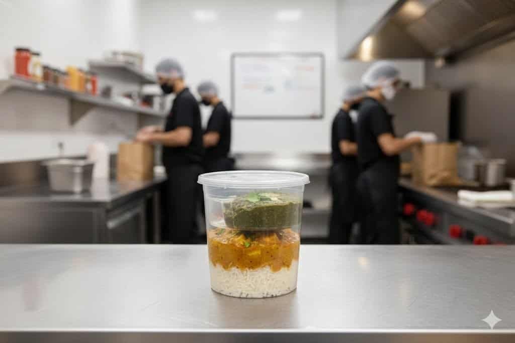 Disposable plastic food container with layered ingredients, ideal for food businesses.