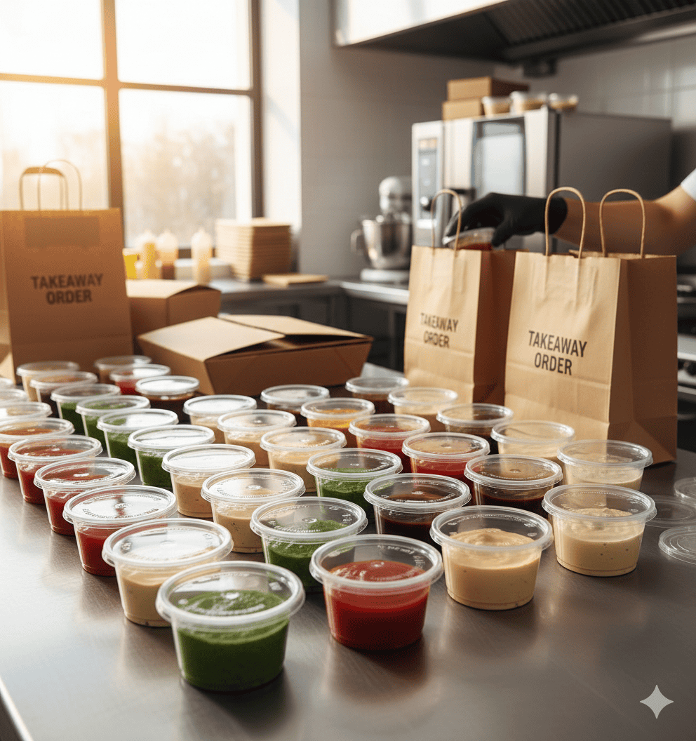 Assorted 150 ml disposable plastic food containers with colorful sauces for takeaway food service.