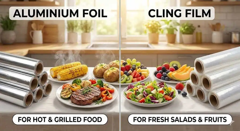 ALUMINIUM FOIL for hot and grilled food, cling film for fresh salads and fruits. Durable, versatile,.