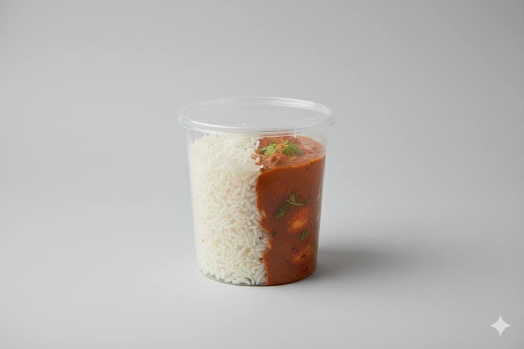 Disposable plastic food container with rice and curry.