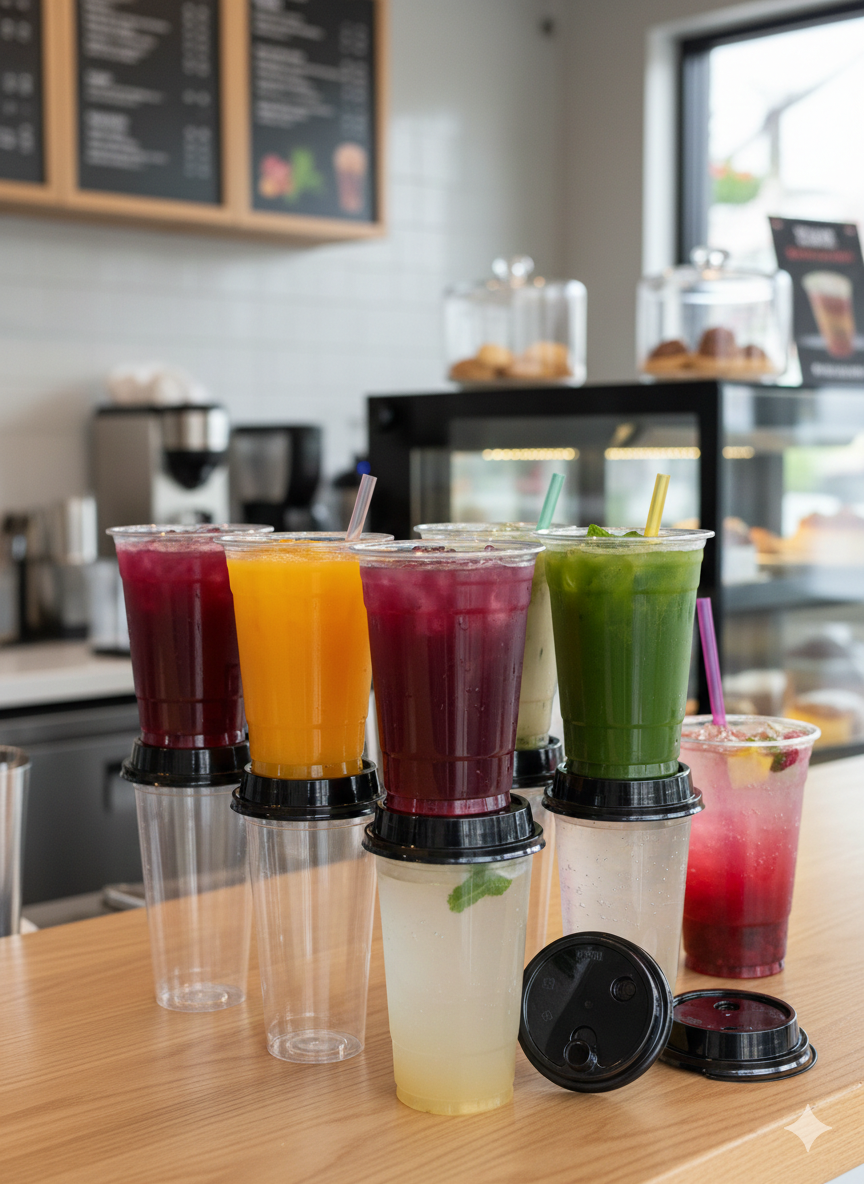 Clear plastic cups with colorful drinks on a cafe counter, showcasing disposable beverage containers.