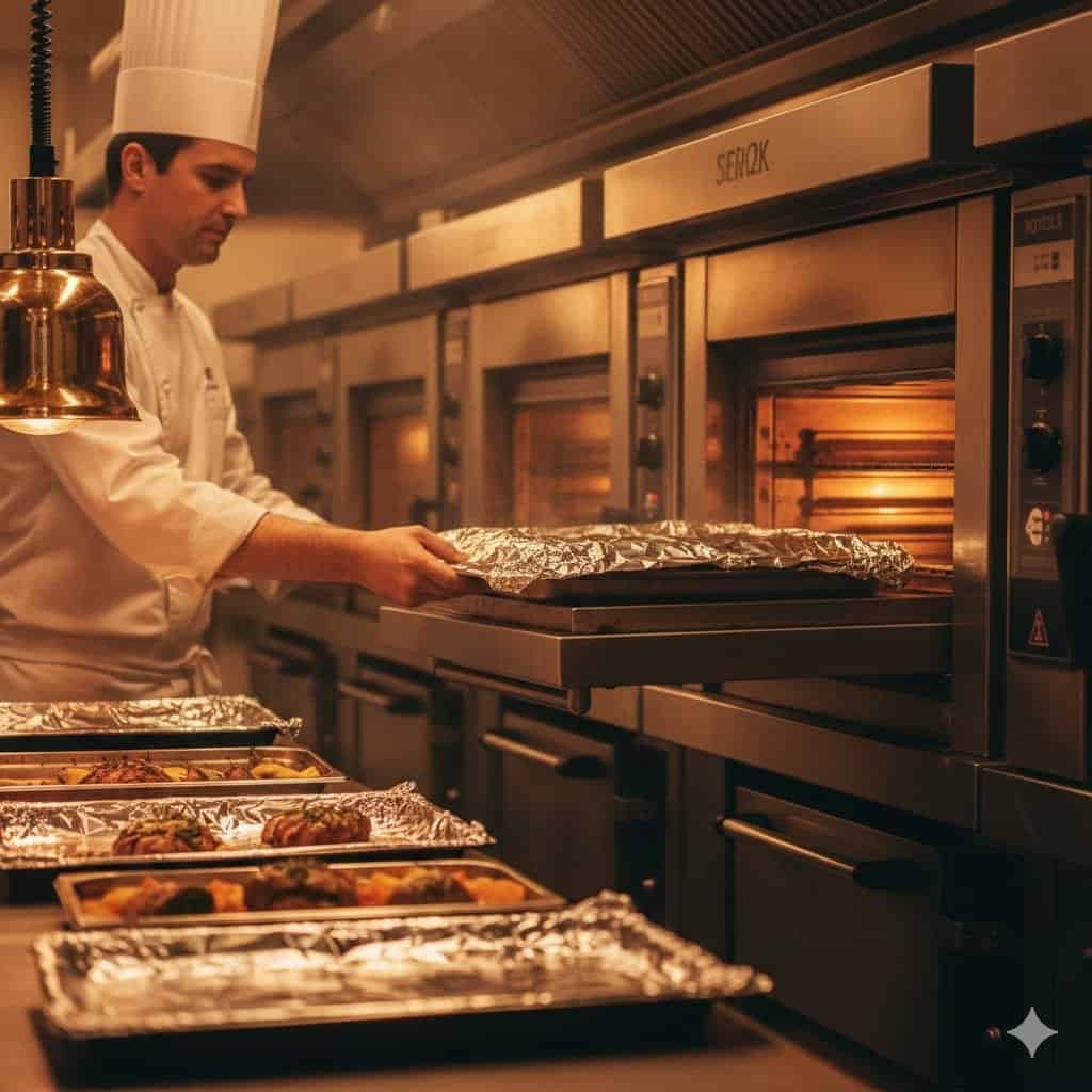 Aluminum foil containers used for food wrapping and cooking in professional kitchens.