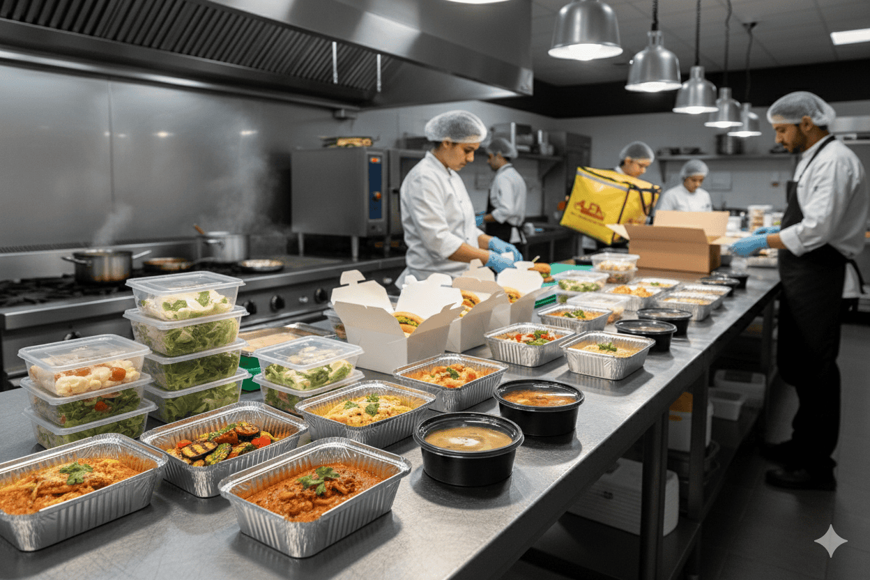 Alfa foil containers used for food packaging in restaurant kitchens, offering leak-proof and eco-fri.