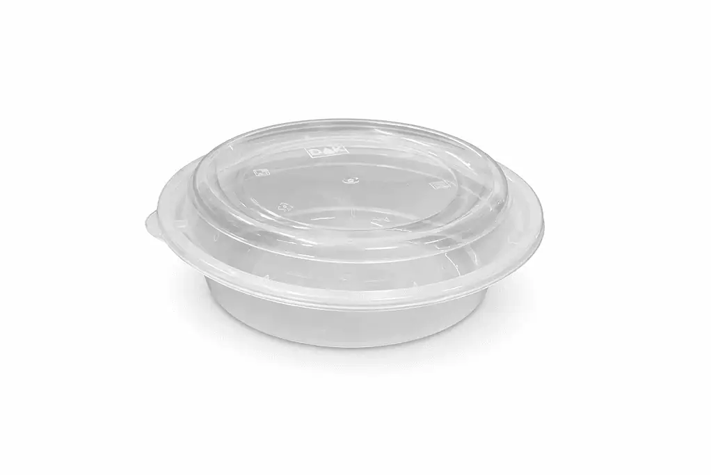 Round plastic food container for takeout and storage solutions.
