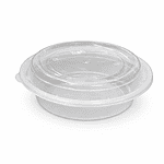 Round plastic food container for takeout and storage solutions.