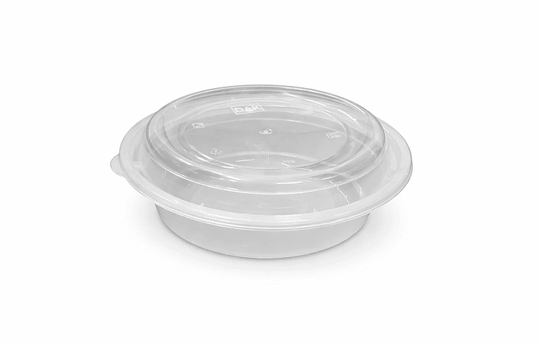 Round plastic food container for takeout and storage solutions.