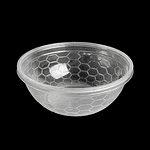 Plastic bowl container with honeycomb pattern for food storage.