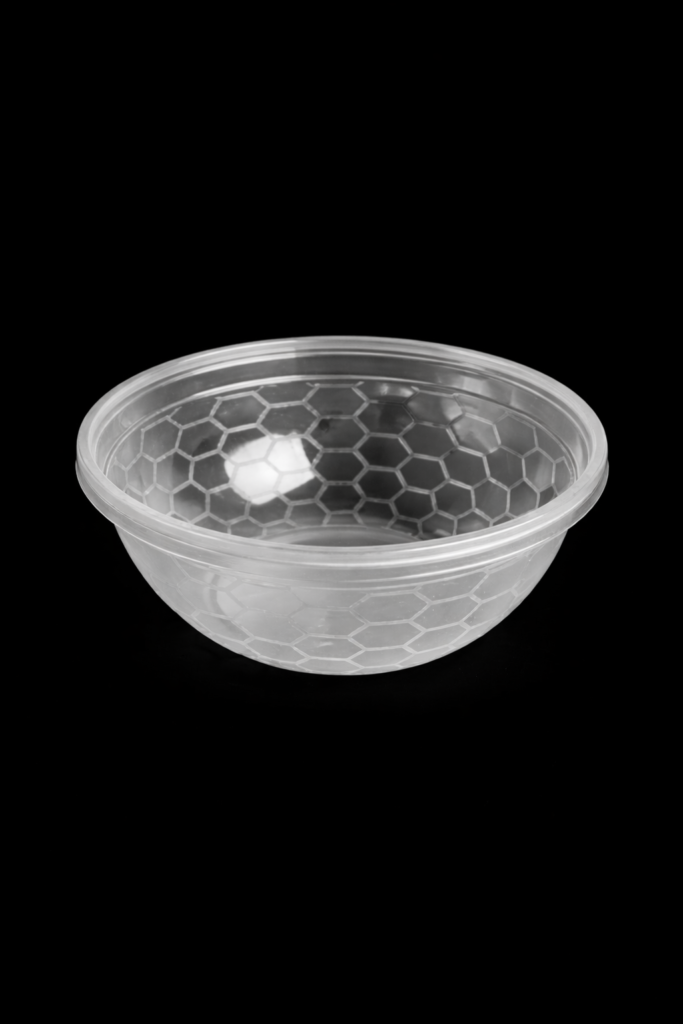 Plastic bowl container with honeycomb pattern for food storage.