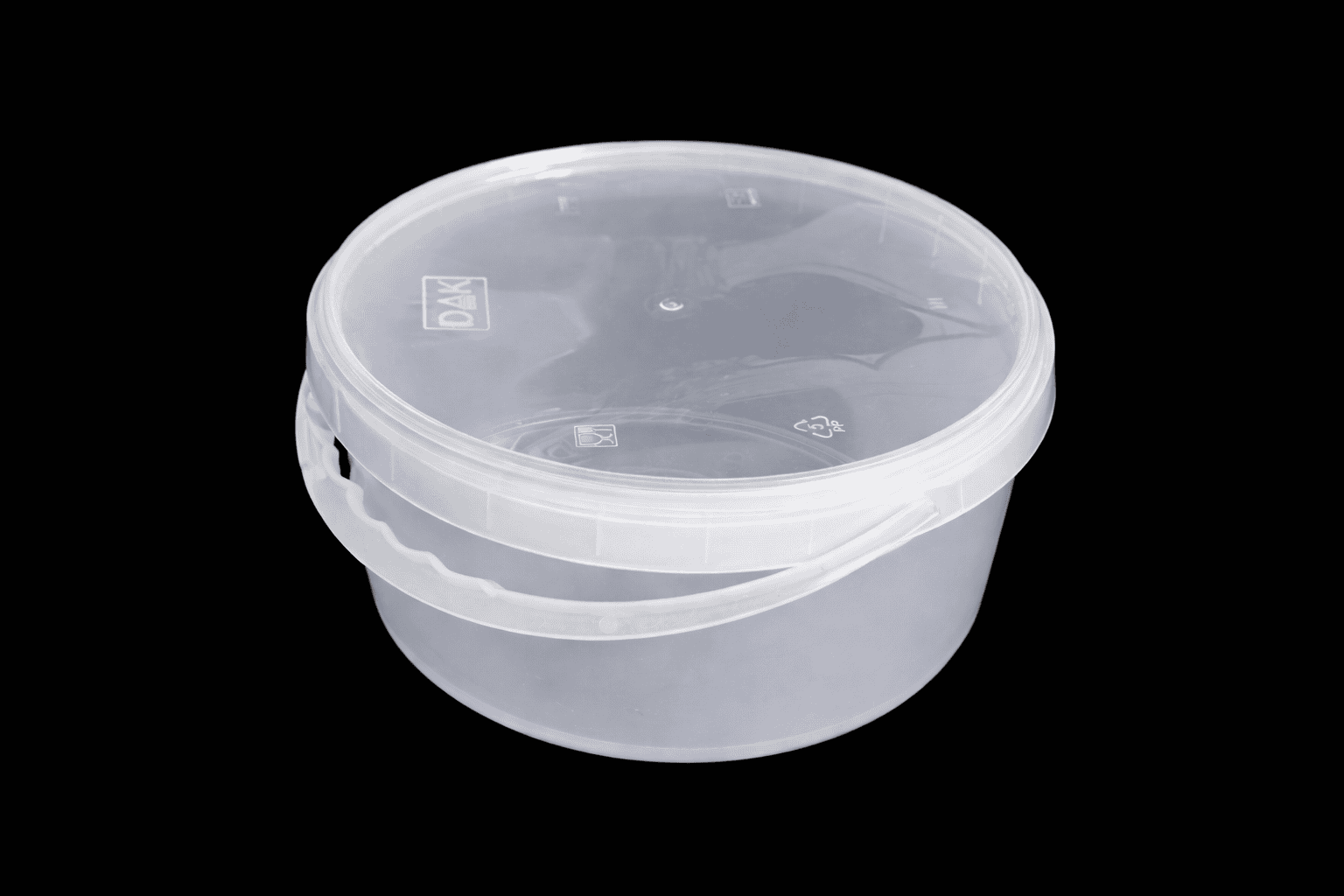 Clear plastic round bucket with lid, 3200 ml capacity for food storage or mixing.
