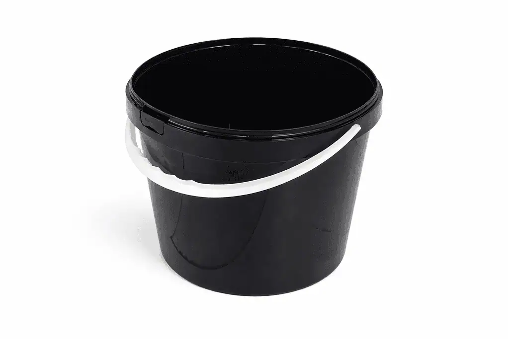 Black plastic round bucket with handle, ideal for food storage and mixing tasks.