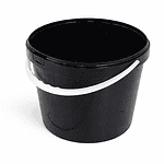 Black plastic round bucket with handle, ideal for food storage and mixing tasks.