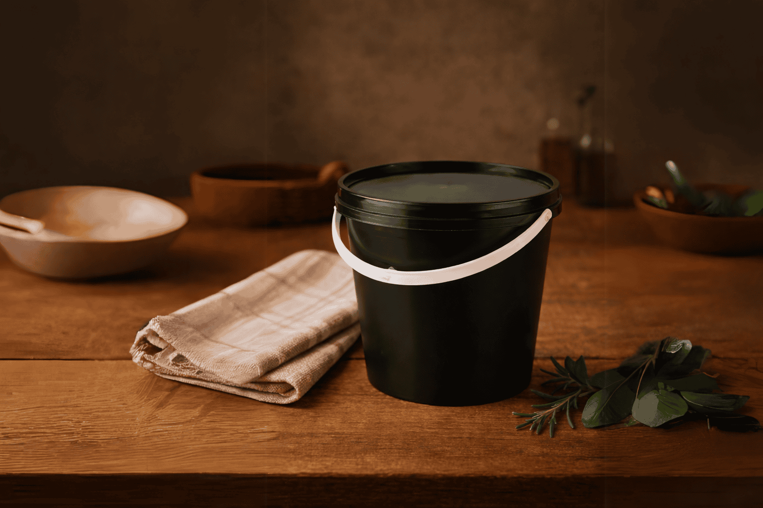Reusable black foil container with lid on wooden table.