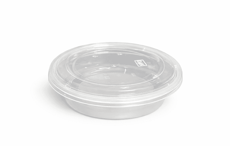 Round plastic food container for takeout and storage.
