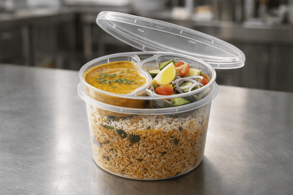 ALFA foil container with compartments for food delivery, including rice, curry, and salad. Perfect f.
