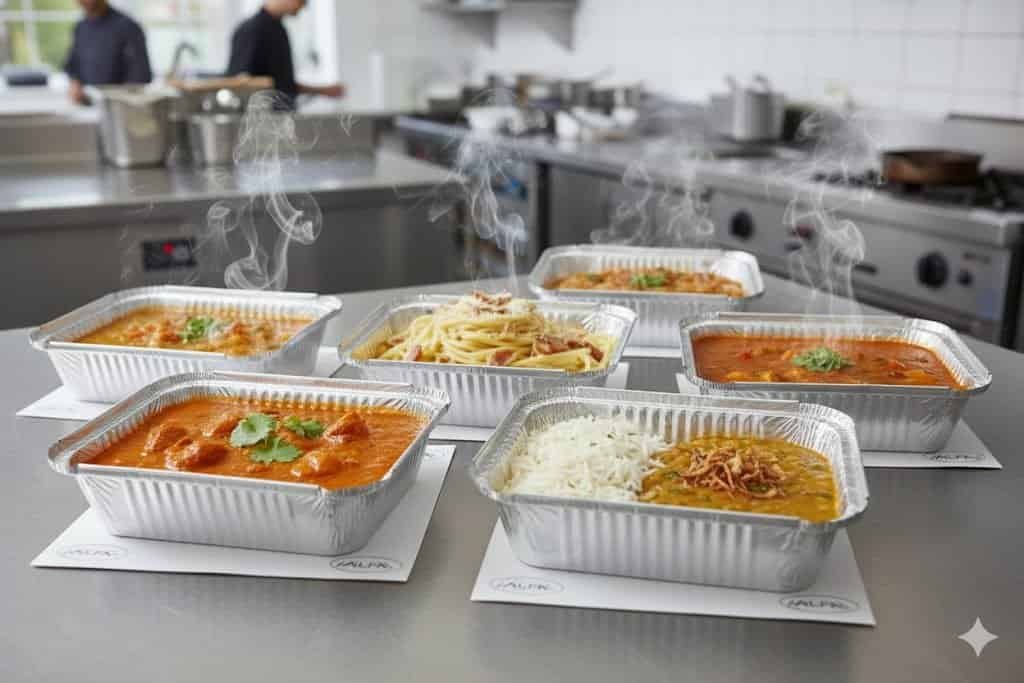 Aluminium food containers ideal for hot food delivery, showcasing durability and heat retention. Per.
