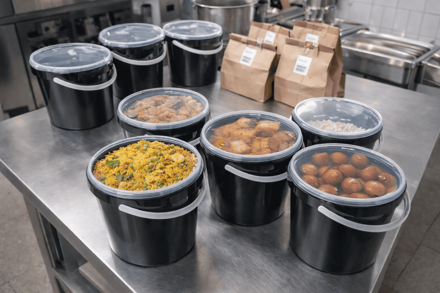 High-quality disposable plastic food buckets for bulk storage.
