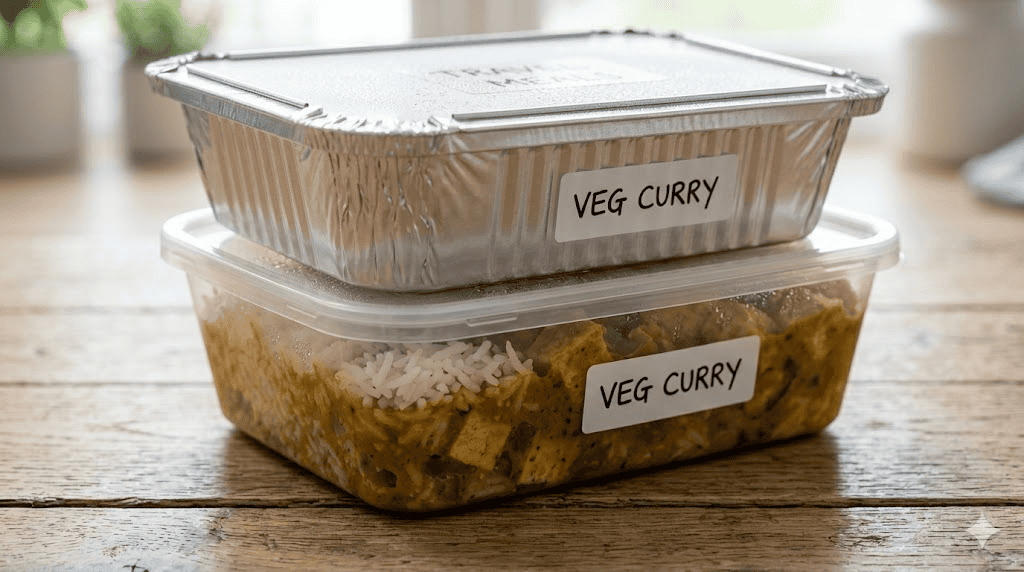 Alfa Foil containers with labeled veggie curry, ideal for packing food for long-distance travel.