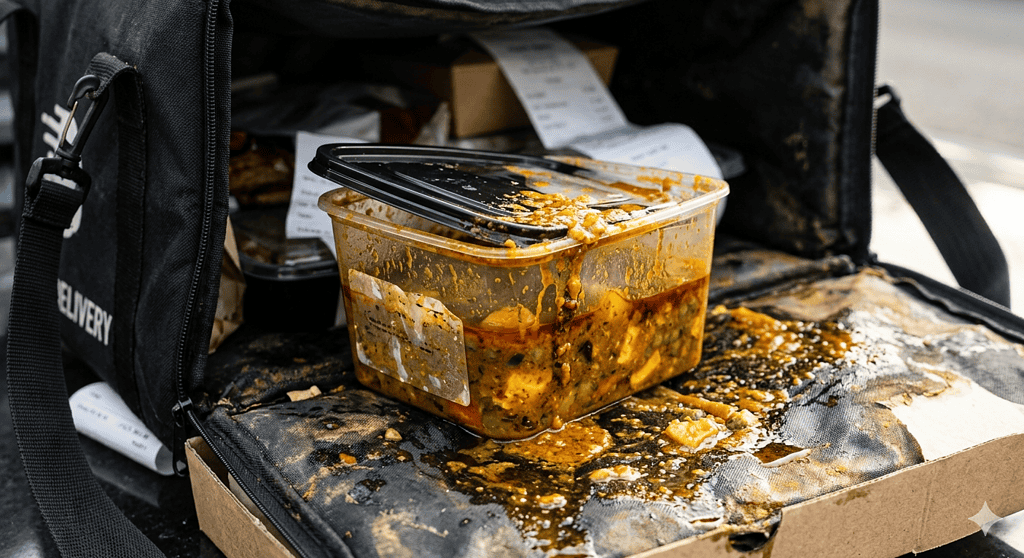 Damaged food container with leakage on delivery bag, highlighting the need for reliable packaging.