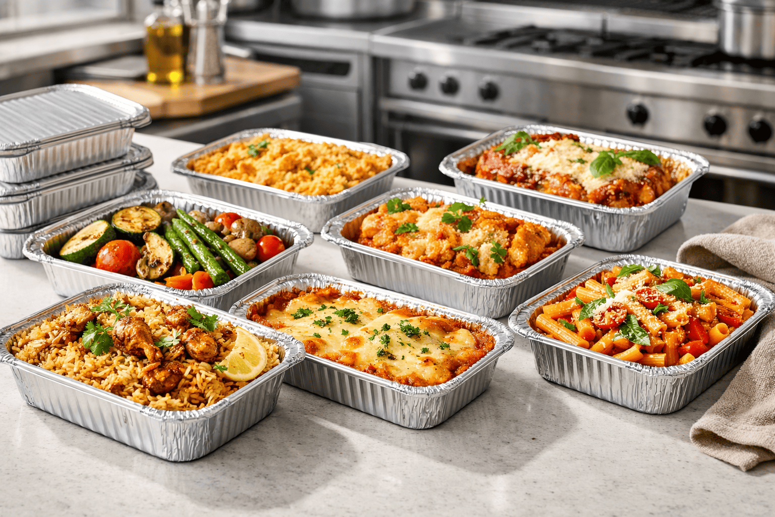 Aluminium foil containers for food packaging and takeaway meals. Perfect for storing, reheating, and.