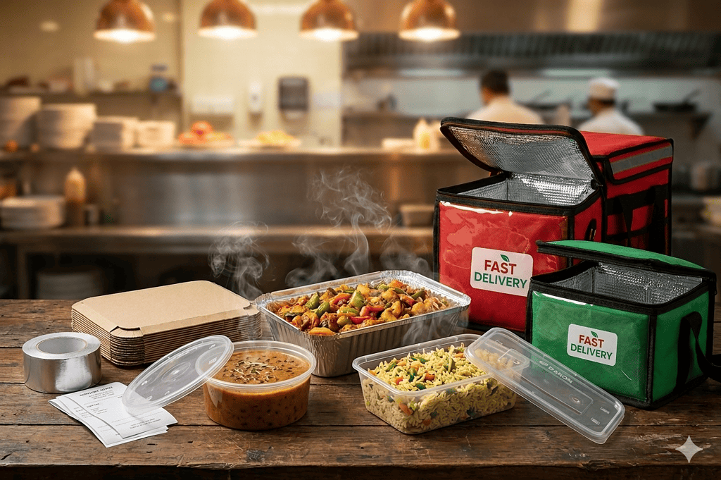 Alfa foil containers ideal for hot food delivery, keeping meals fresh and warm during transport. Per.