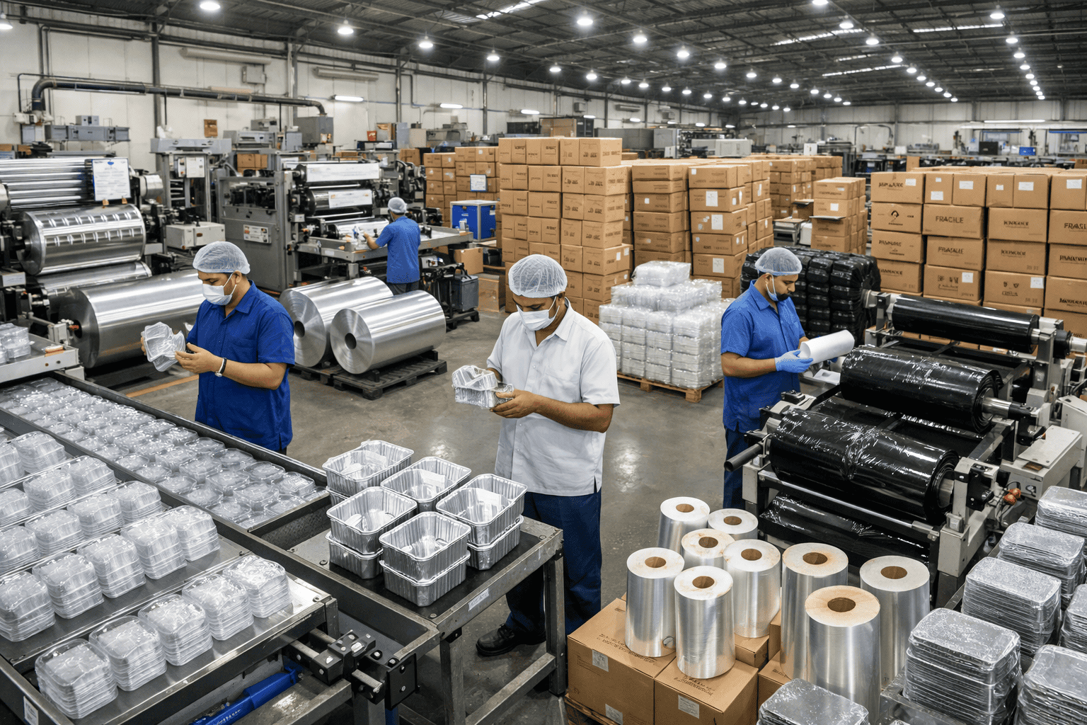 Modern foil container manufacturing process in a large industrial facility.