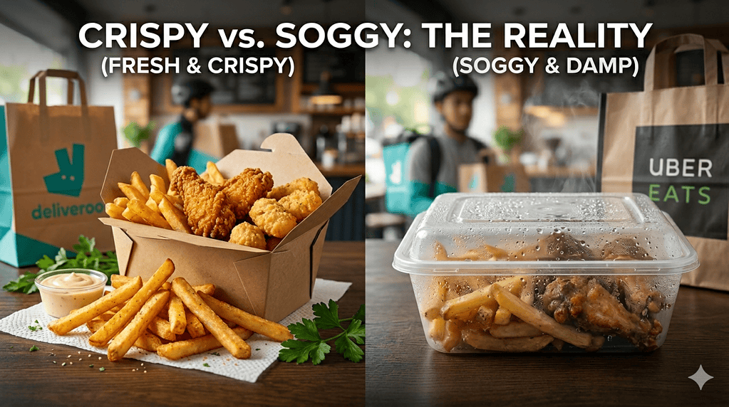 Comparison of crispy and soggy food packaging using Alfa Foil Containers for delivery.