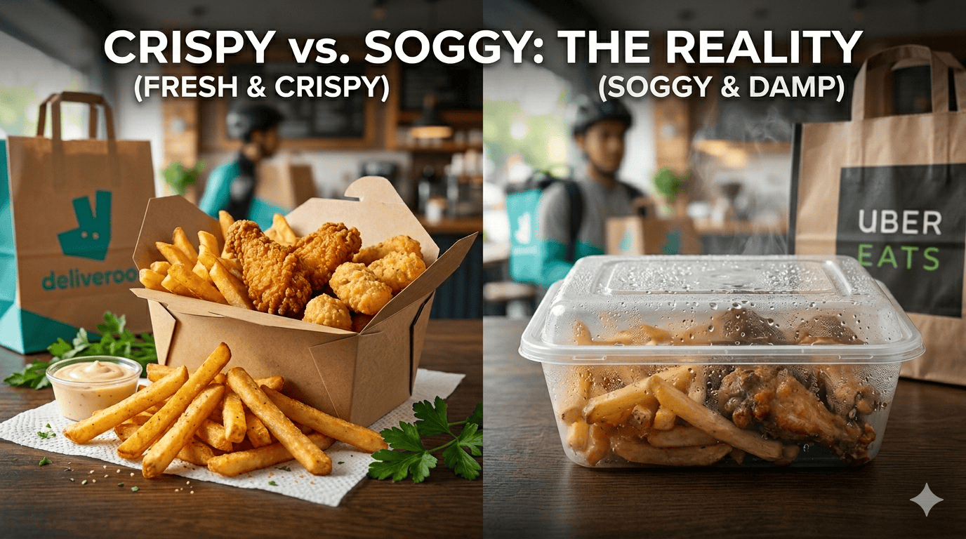 Comparison of crispy and soggy food packaging using Alfa Foil Containers for delivery.