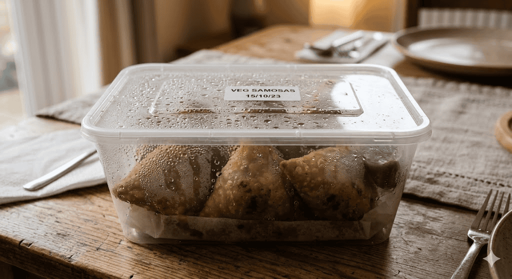 Clear plastic food storage container with fried food inside, ideal for keeping food fresh.
