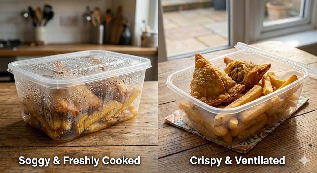 Clear Alfa Foil containers with crispy fried food, ideal for keeping meals hot and fresh during deli.