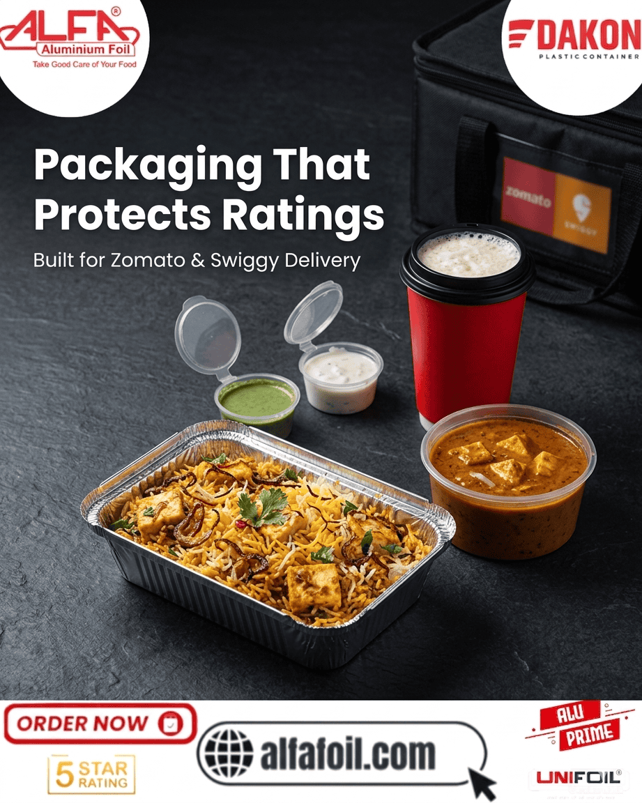 Best food packaging for Zomato Swiggy delivery — aluminium foil containers and plastic round containers for Indian restaurant orders