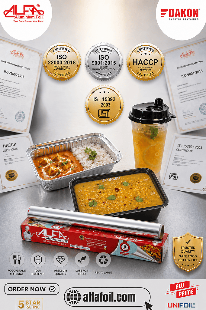 ISO certified food packaging manufacturer India — aluminium and plastic containers with quality certification documents