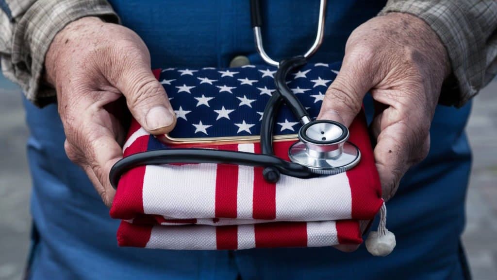 A veteran's hands holding a folded American flag with a stethoscope, symbolizing the expanded healthcare and benefits provided by the PACT Act.